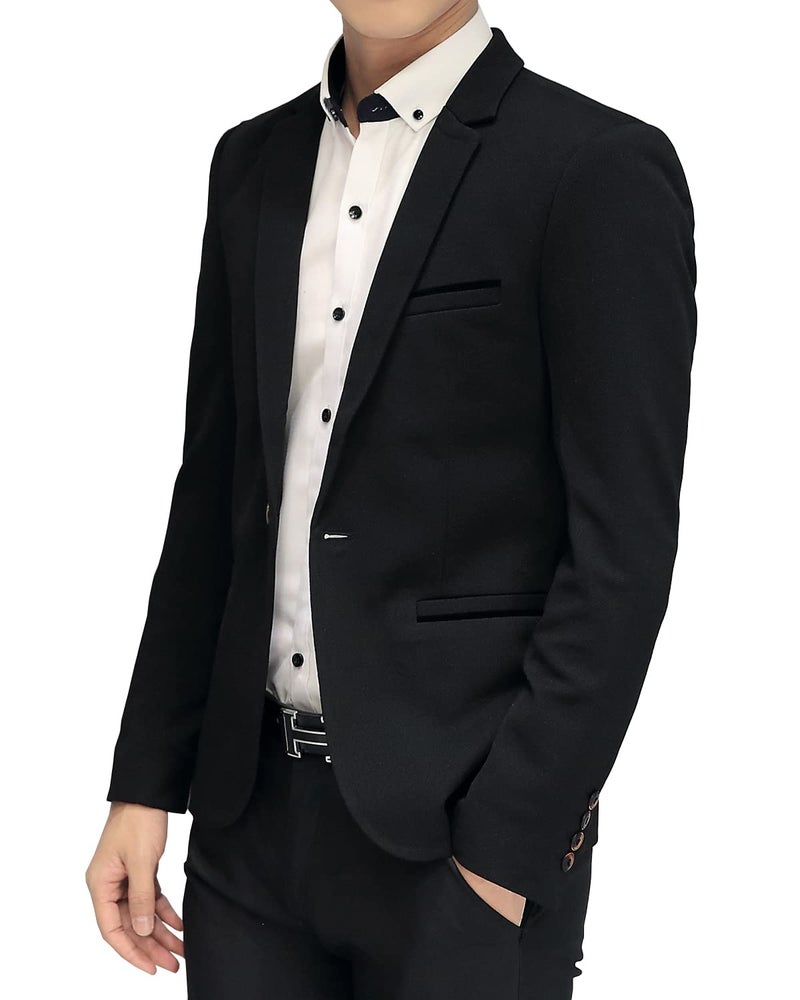 DAVID.ANN Men's Slim Fit Suits Casual One Button Flap Pockets Solid Blazer Jacket,Black,Large - Image 3
